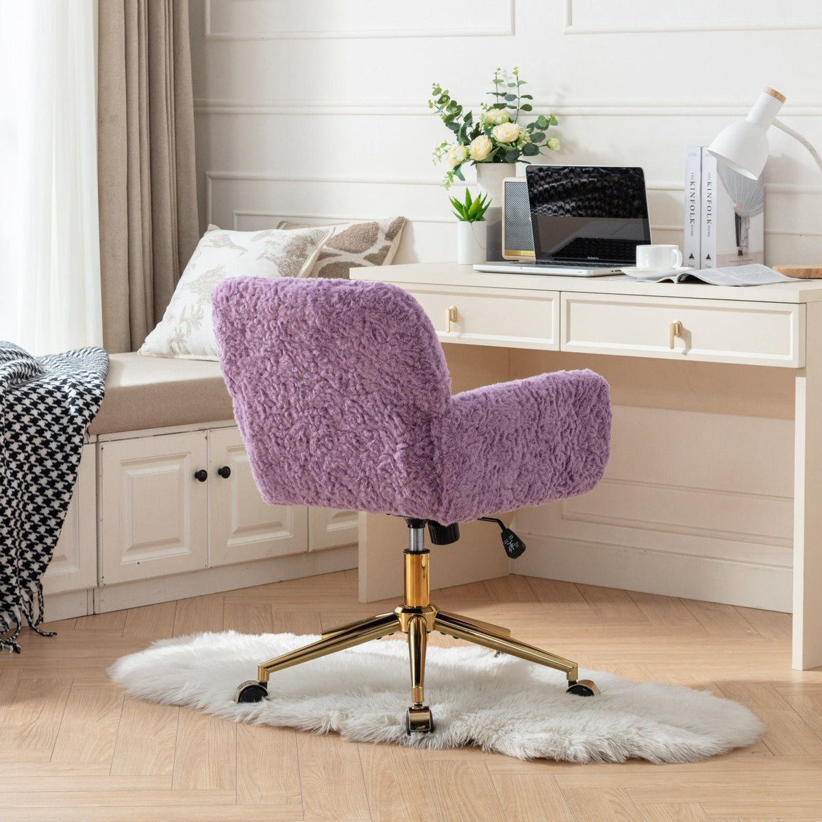 Office Chair, Artificial Rabbit Hair Home Office Chair With Metal Base, Adjustable Desk Chair Swivel Office Chair, Vanity Chair