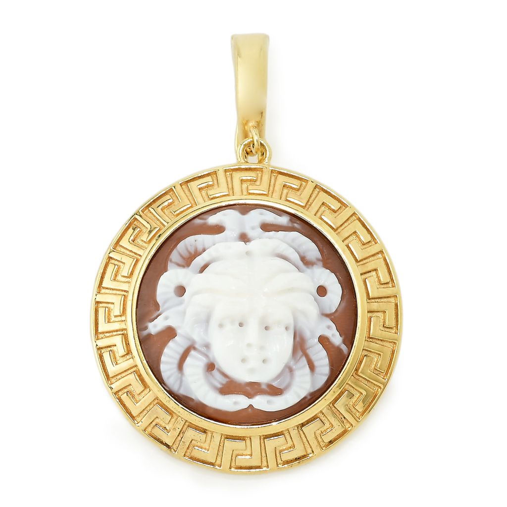 Cameo Italiano "Acropolis" 22mm Medusa Shell Cameo Greek Key Halo Pendant