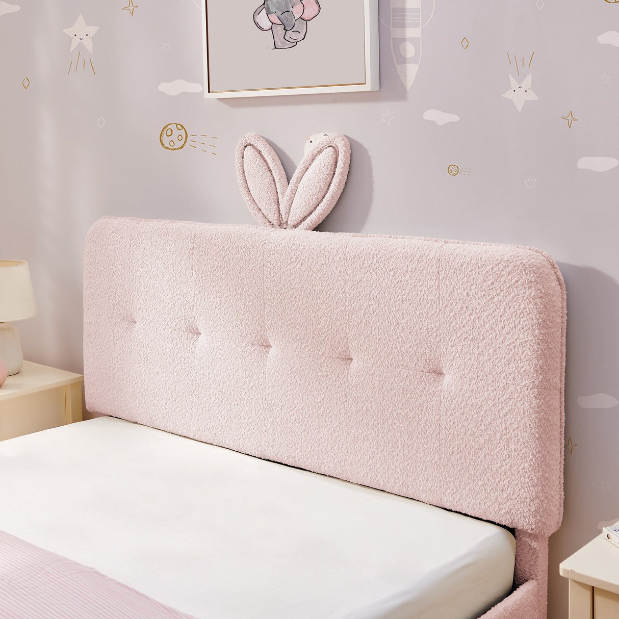 Full Size Kids Upholstered Bed with Oversized Rabbit Ear Headboard, LED Light & 4 Storage Drawers, Boucle Fabric (79.5''X55.75''X41'')