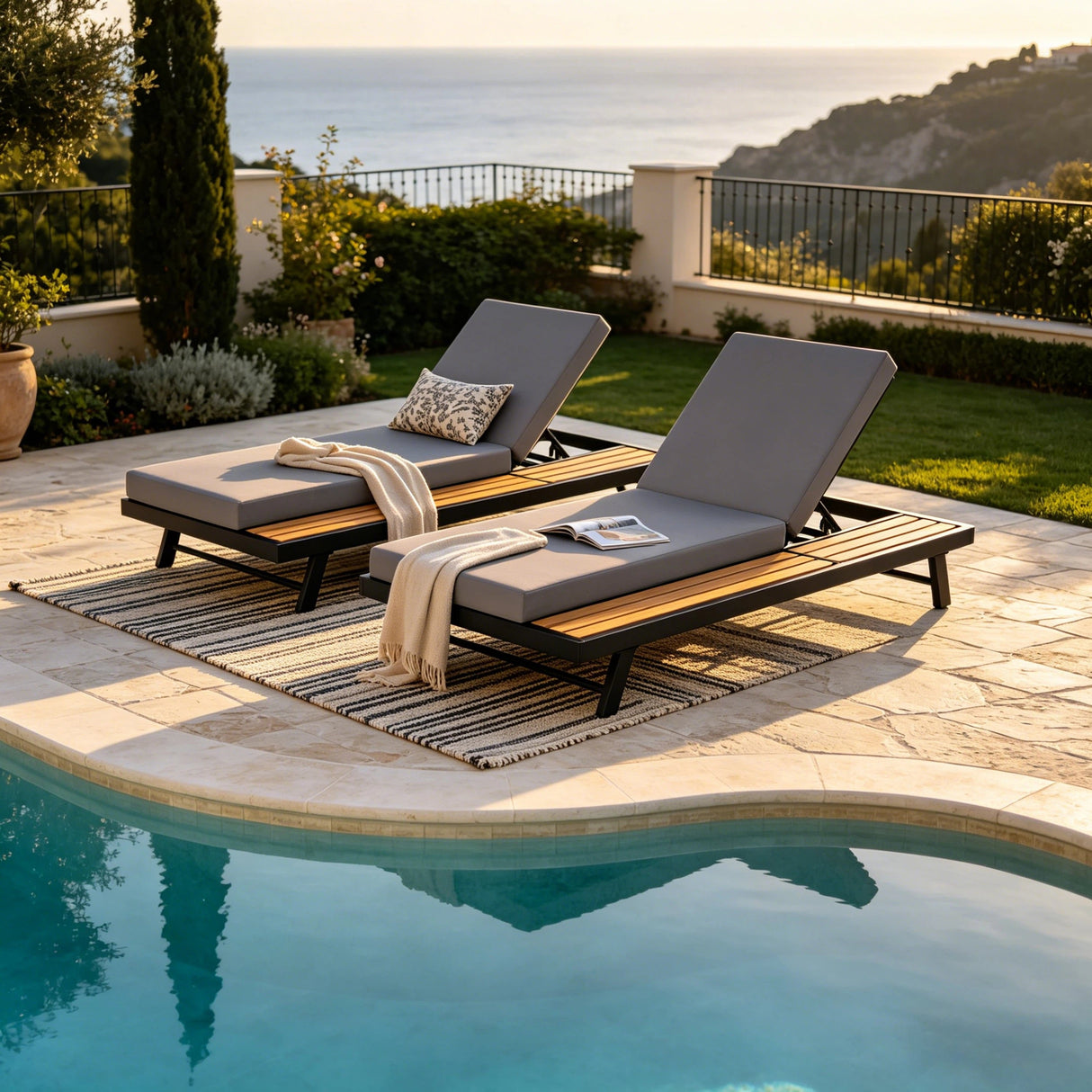 Black Iron + Teak Finish Chaise Lounge Set with Dark Grey Cushion