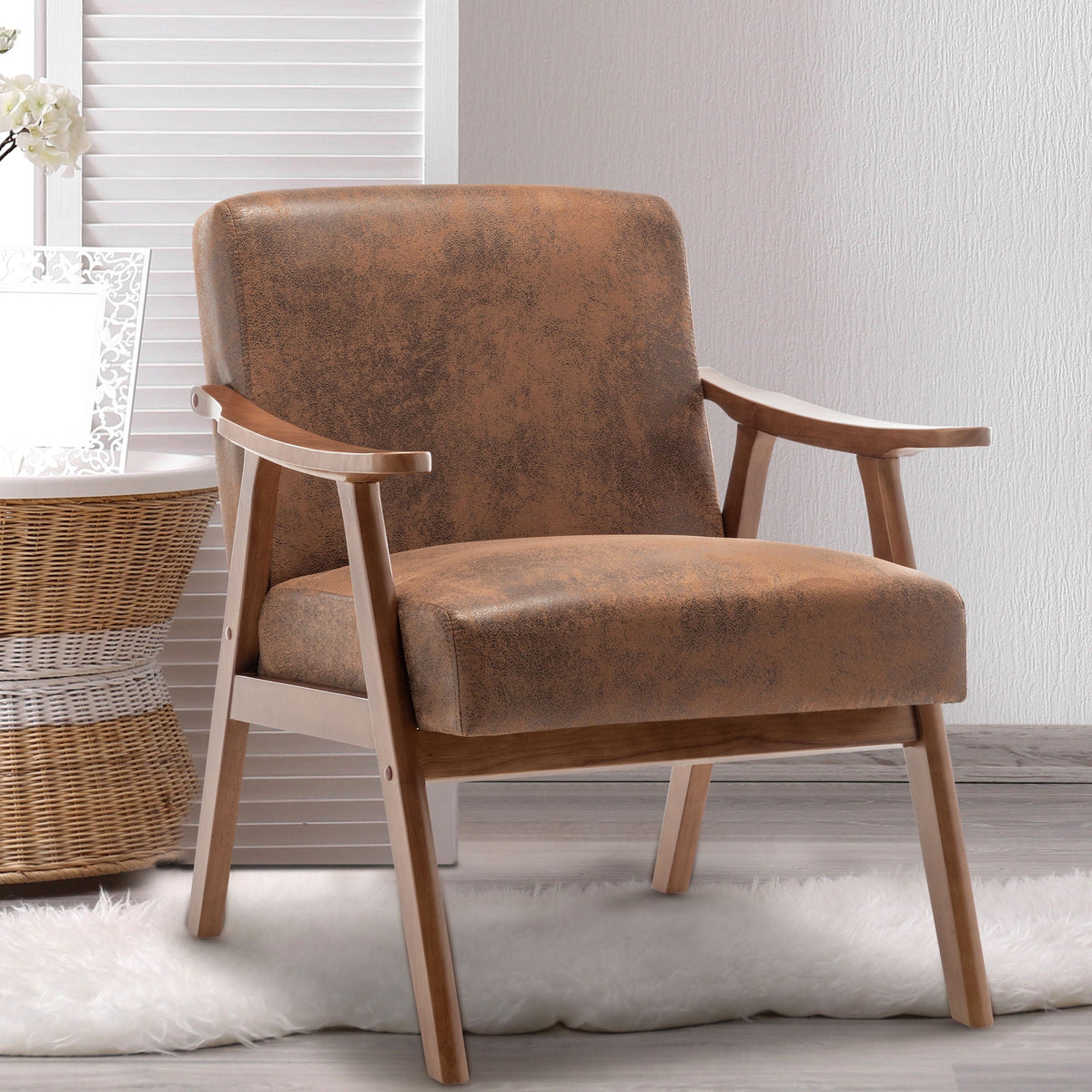 Mid Century Modern Accent Chair With Solid Wood Frame And Extra Thick Backrest