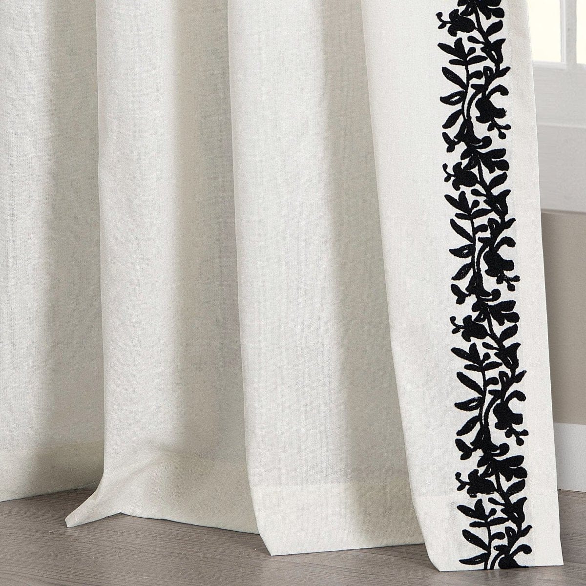 Luxury Modern Flower Linen Like Embroidery Border Window Curtain Panel
