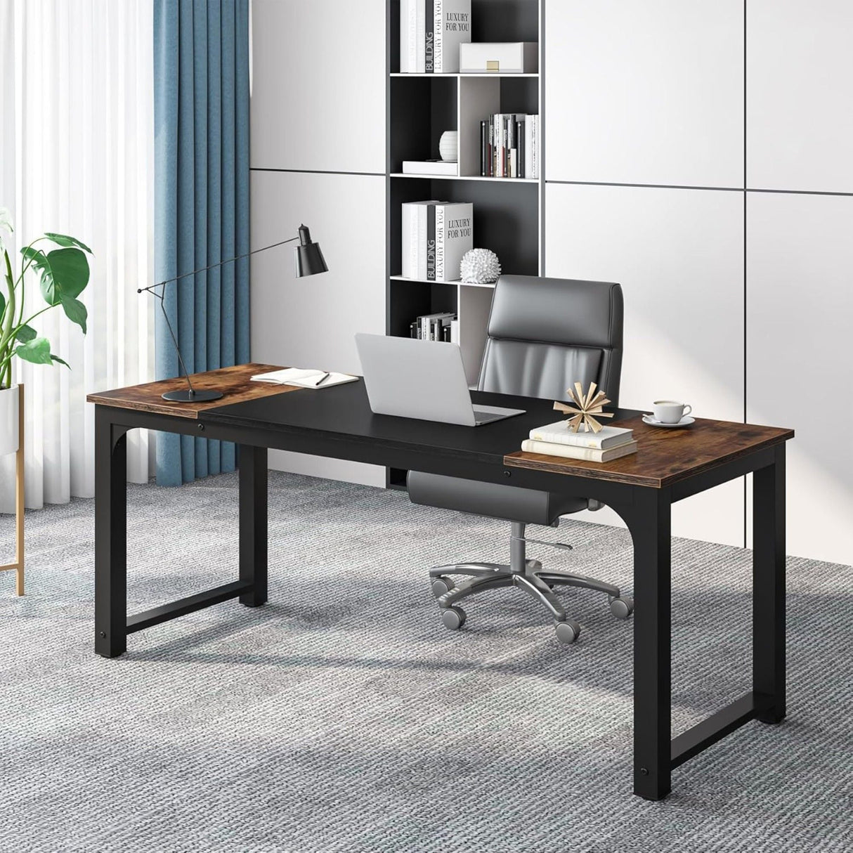 Executive Office Desk, Large Computer Workstation With Thick Frame - Brown / Black