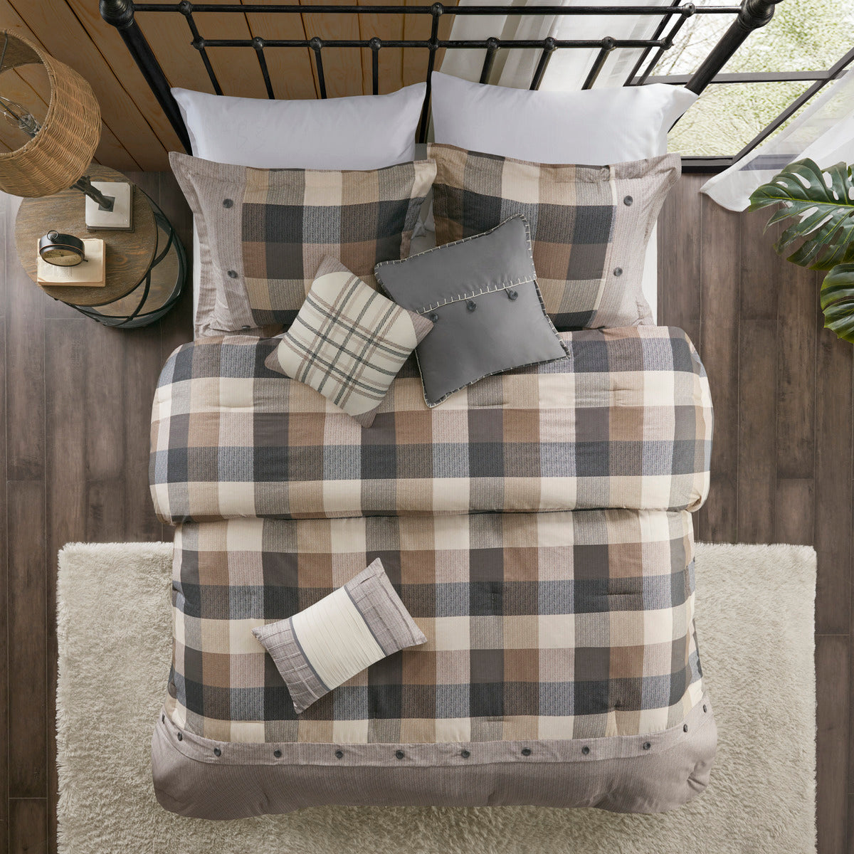 Herringbone Comforter Set with Buffalo Plaid - King, Neutral, 7 Piece