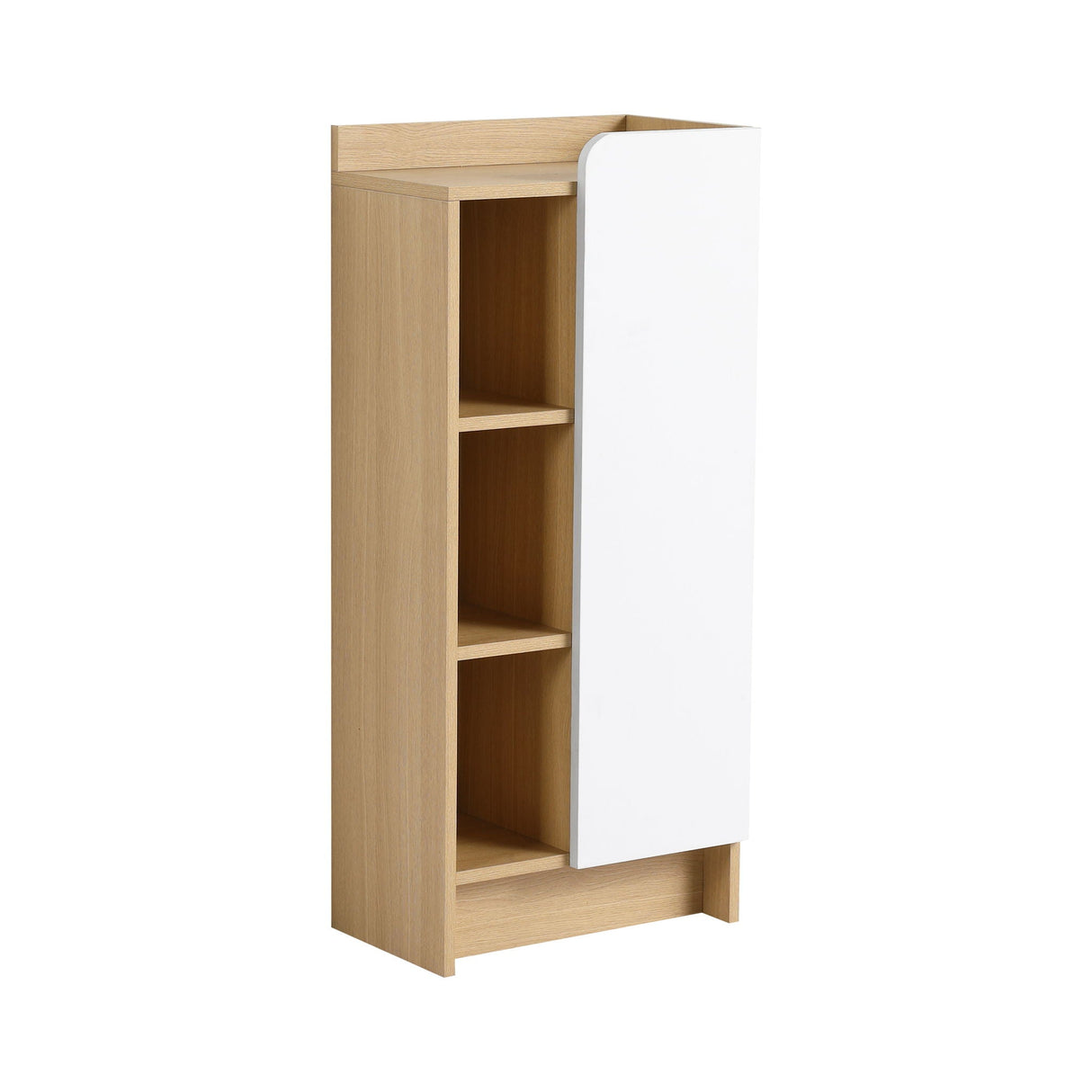 Freestanding Bathroom Side Cabinet, Narrow Storage Cabinet With Single Door & 3 Tier Open Shelves - Black / Light Oak / White