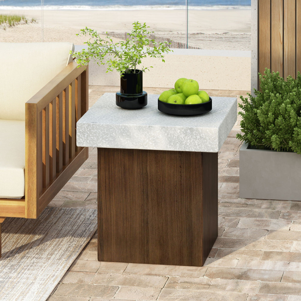 Mgo Square Side Table With Faux Stone Top And Wood Frame - Antique White / Natural Wood