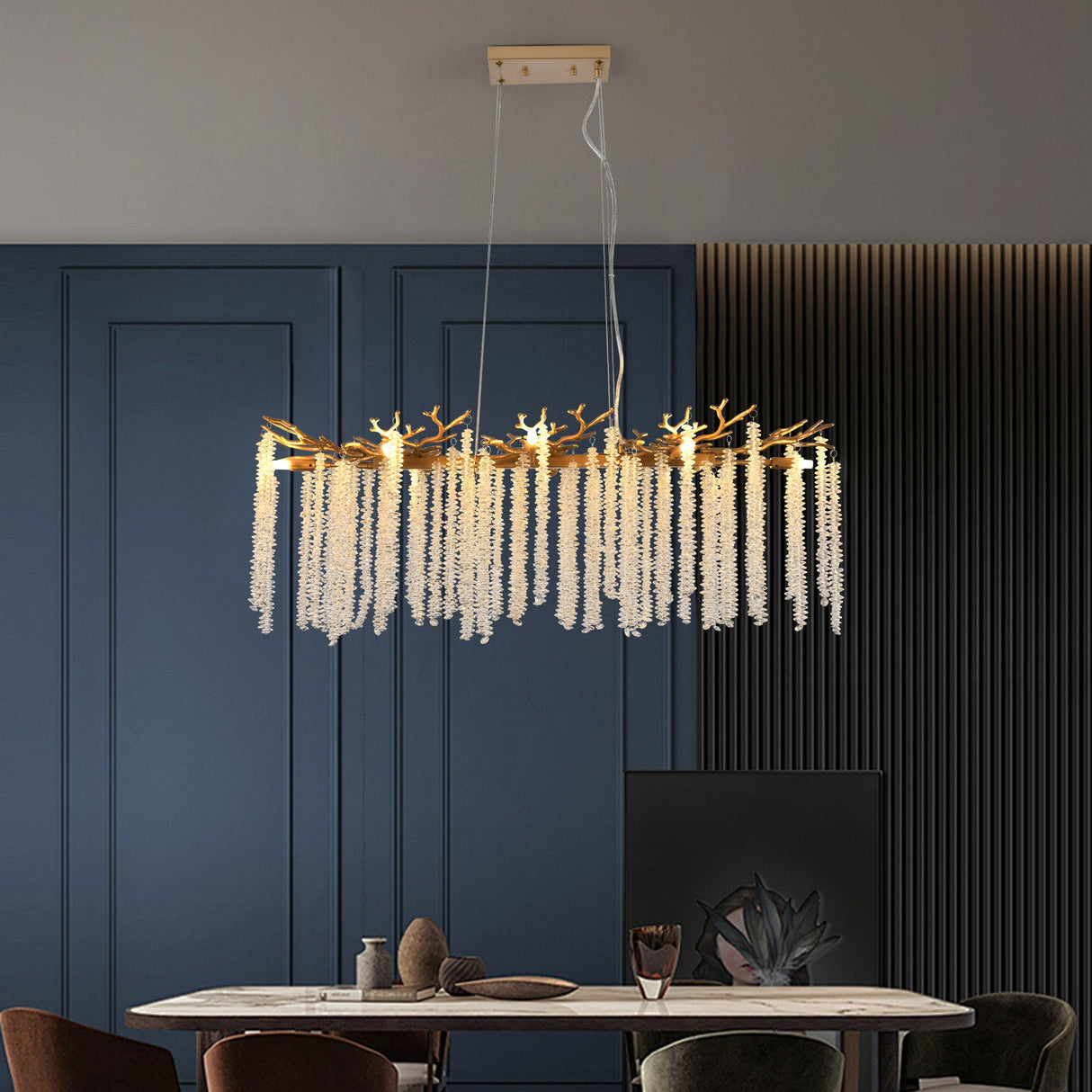 39-inch Modern Golden Pendant Light with Cascading Crystal Strands