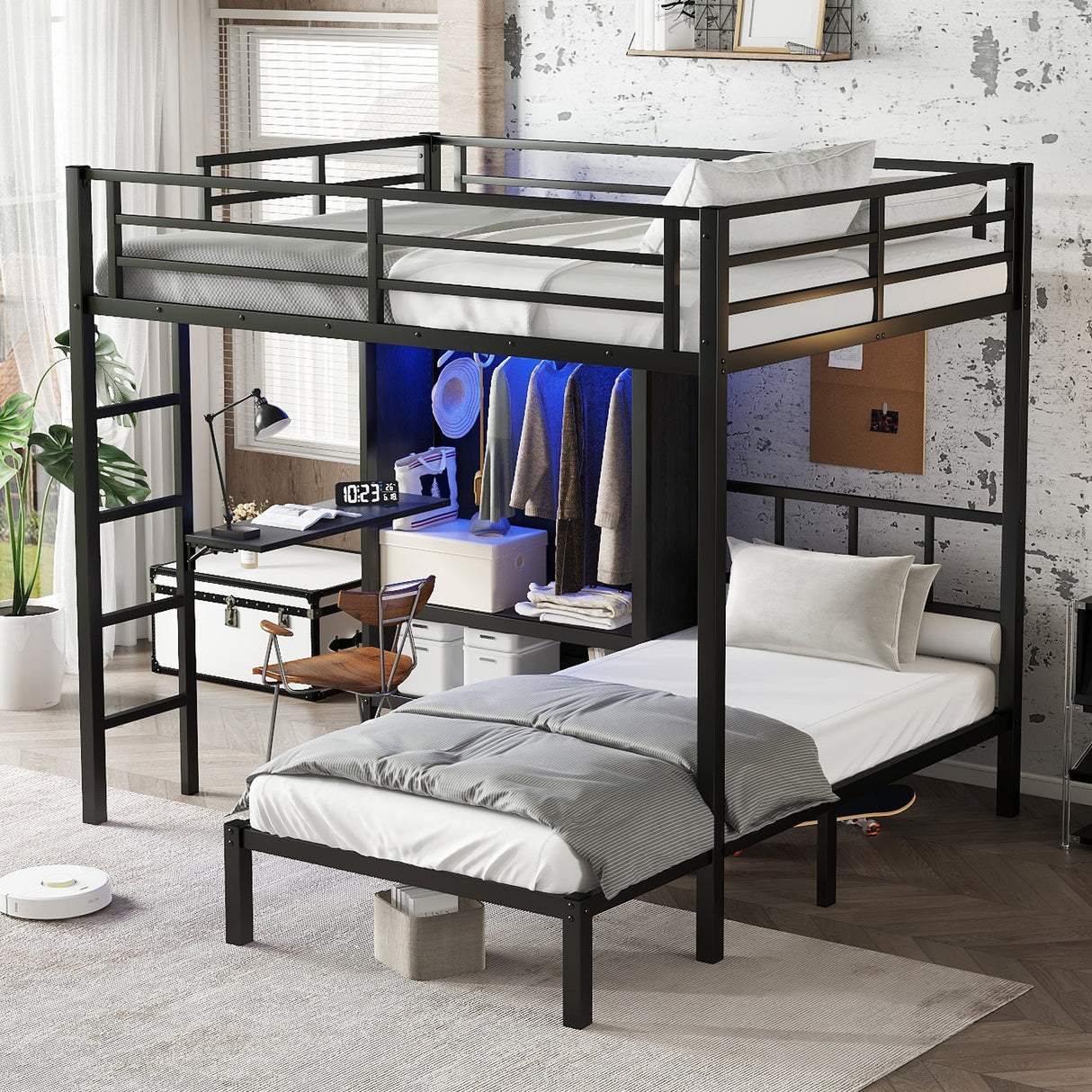 Full XL Over Twin Metal Bunk Bed with Folding Desk and Closet