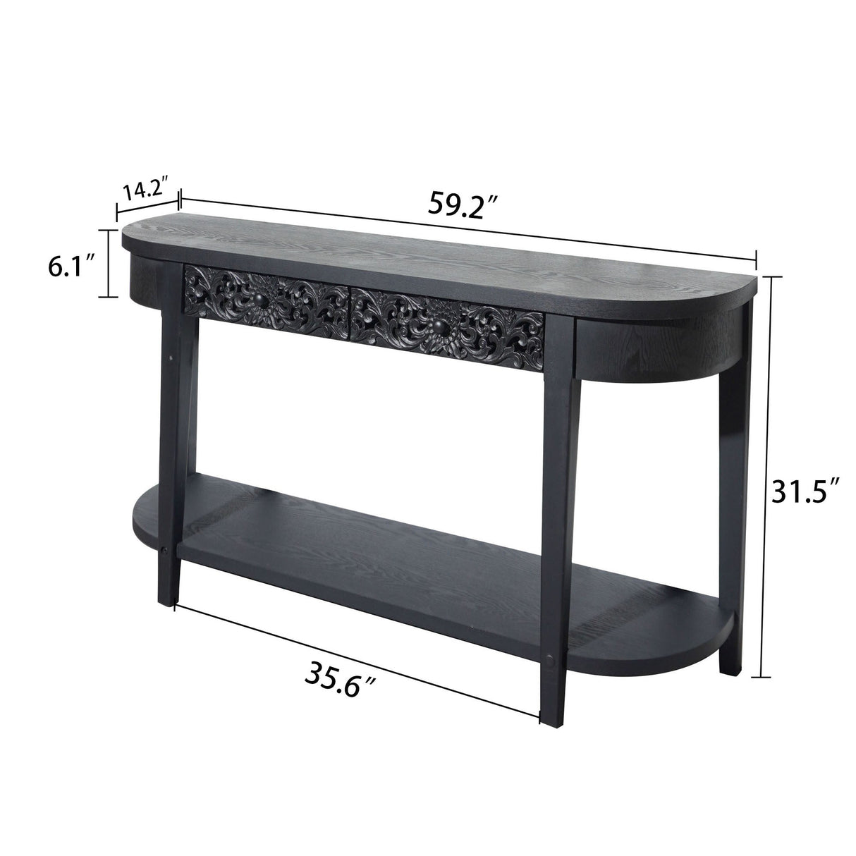 59.2in Black Carved Wooden Console Table with Lower Storage Shelf Tow Drawers– Elegant Decorative Accent for Entryway, Living Room, and Hallway
