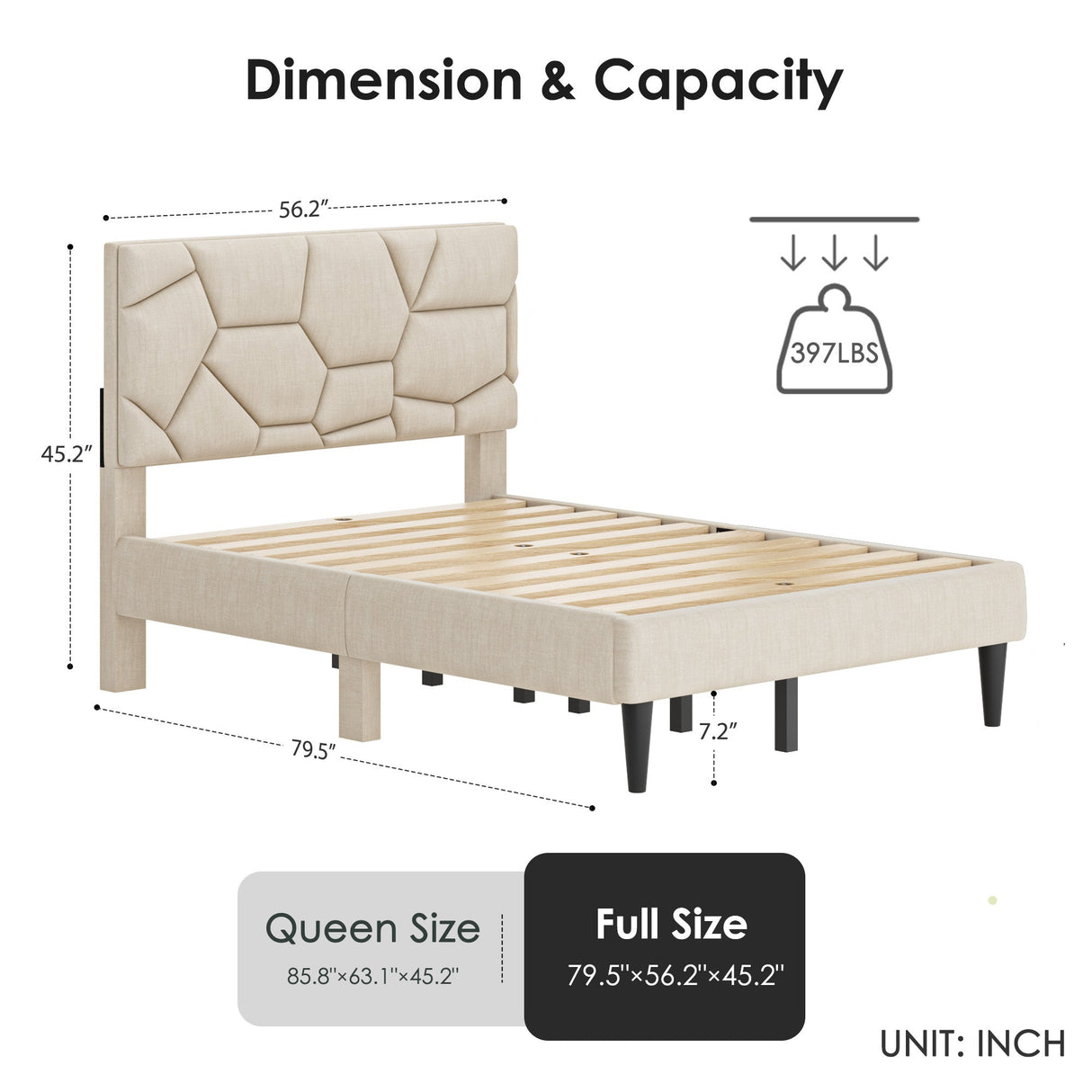 Beige Linen Full Bed Frame – Sturdy Platform Bed with Under-Bed Storage