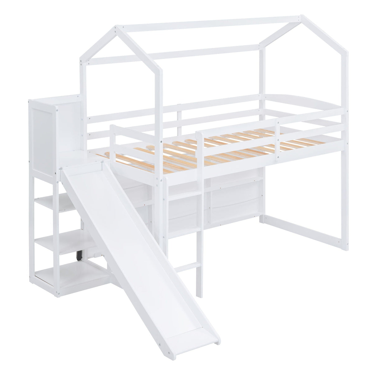 House Loft Bed With Slide, Storage Shelves And Light, Climbing Ramp