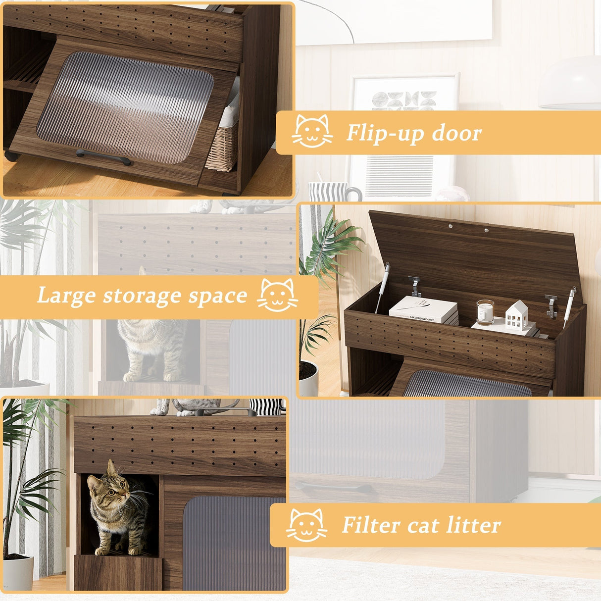 Furniture Style Multi-Use Cat Litter Box House with Storage