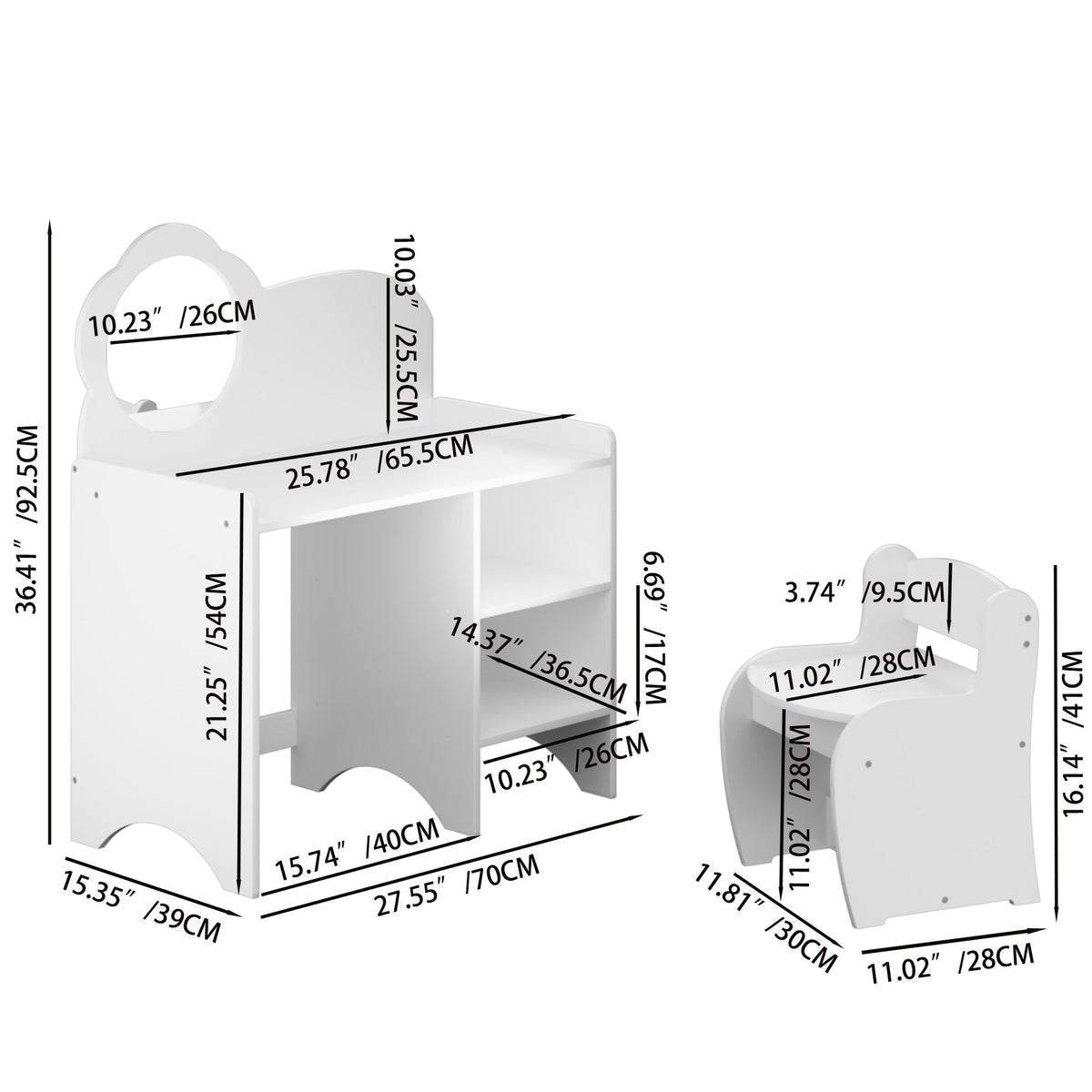 Kids Vanity Table with Mirror and Chair with Storage Shelves - White