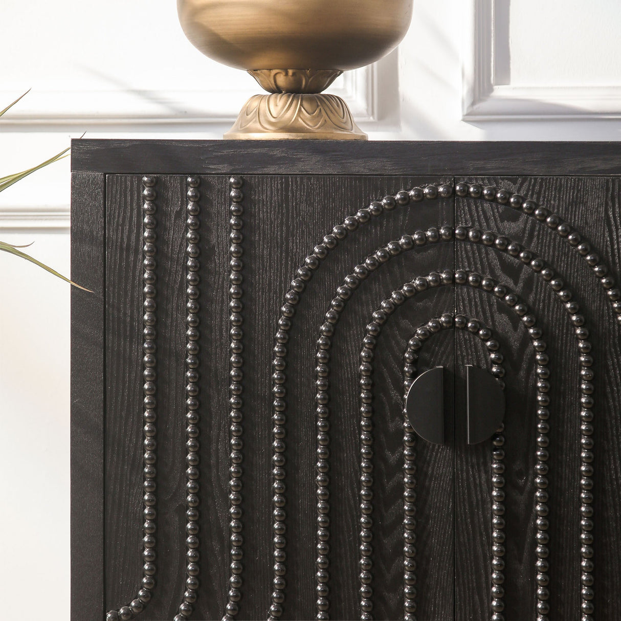 Modern Black Sideboard Cabinet with Decorative Nailhead Accents, Stylish Storage Solution for Dining, Living Rooms