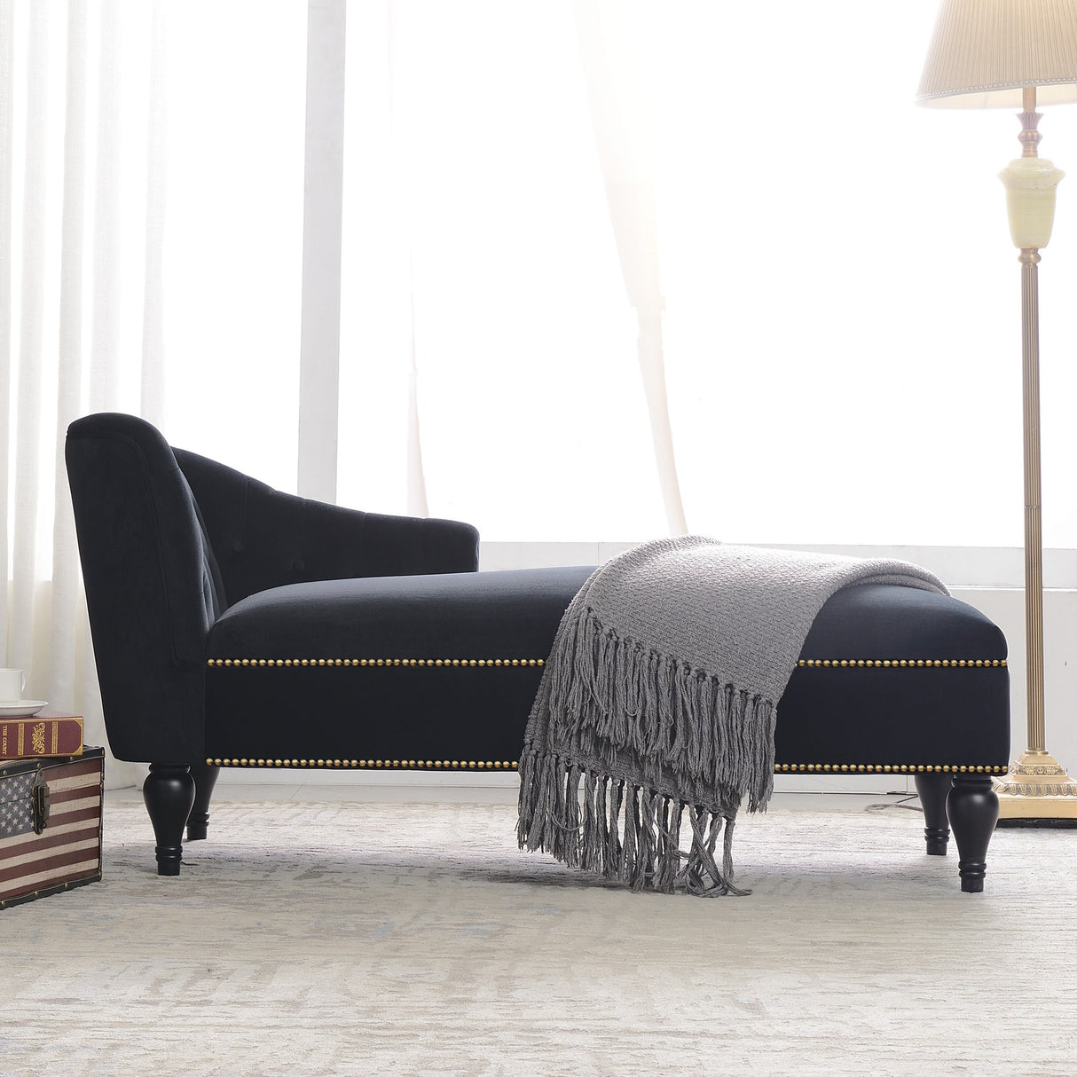 58" Velvet Chaise Lounge with Nailhead Trim and Solid Wood Legs