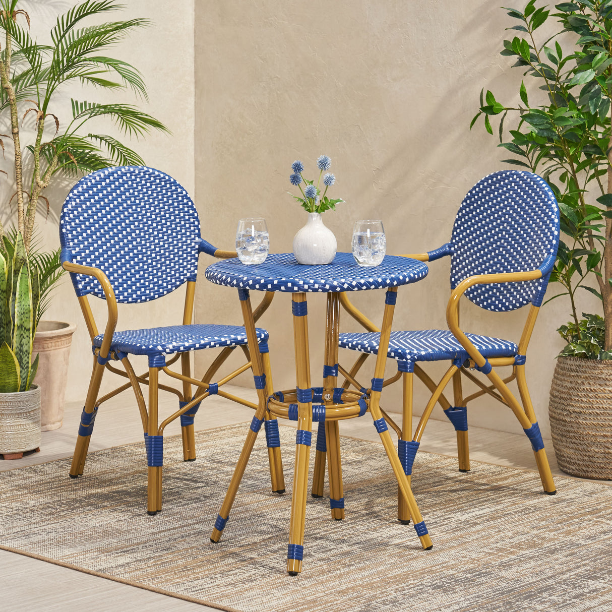 Outdoor-PE-Rattan-and-Aluminum-3-Piece-French-Bistro-Set,-Dark-Teal-&-White,-and-Bamboo-Finish-Outdoor-Furniture-Sets