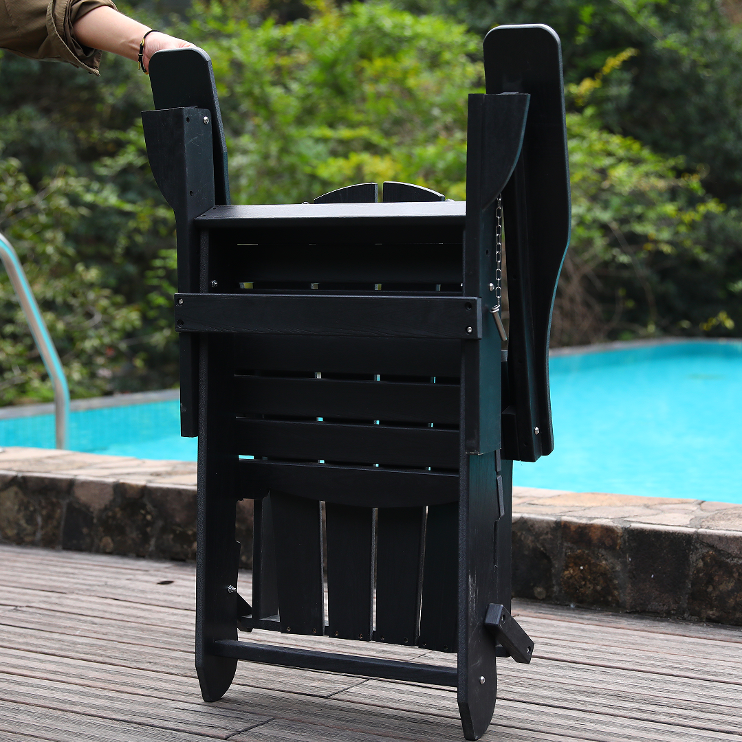 Adirondack Folding Chair with Dual Cup Holders - HDPE All-Weather Outdoor Chairs, Wood-Like Patio Chair for Backyard, Camping, Garden, Pool & Fire Pit, Black