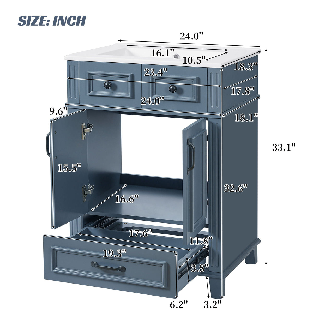 Bathroom Vanity with Sink and Storage Cabinet - White, Blue, or Dark Green