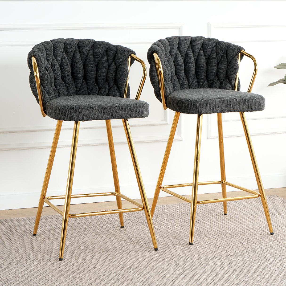 Modern-Design-High-Stool-with-Gold-Plated-in-Dark-Grey-Linen-Set-of-2-Bar-Stools