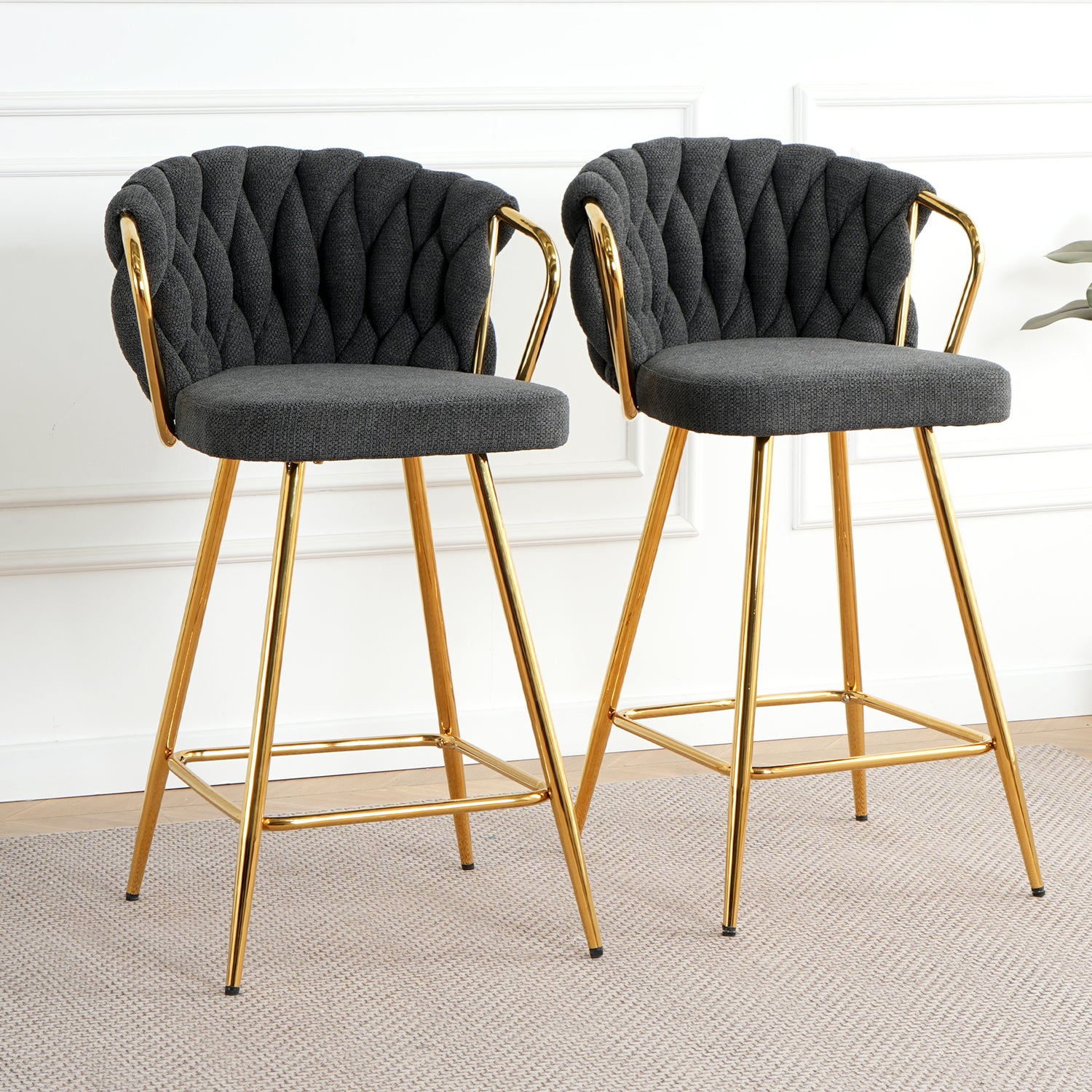 Modern-Design-High-Stool-with-Gold-Plated-in-Dark-Grey-Linen-Set-of-2-Bar-Stools