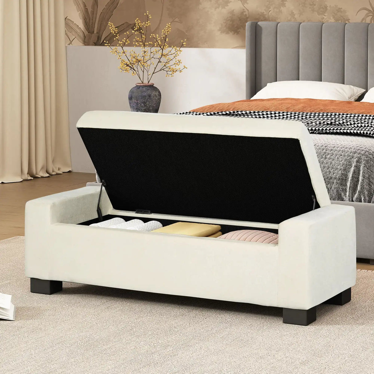 Textured Fabric Ottoman Bench With Hinged Lid