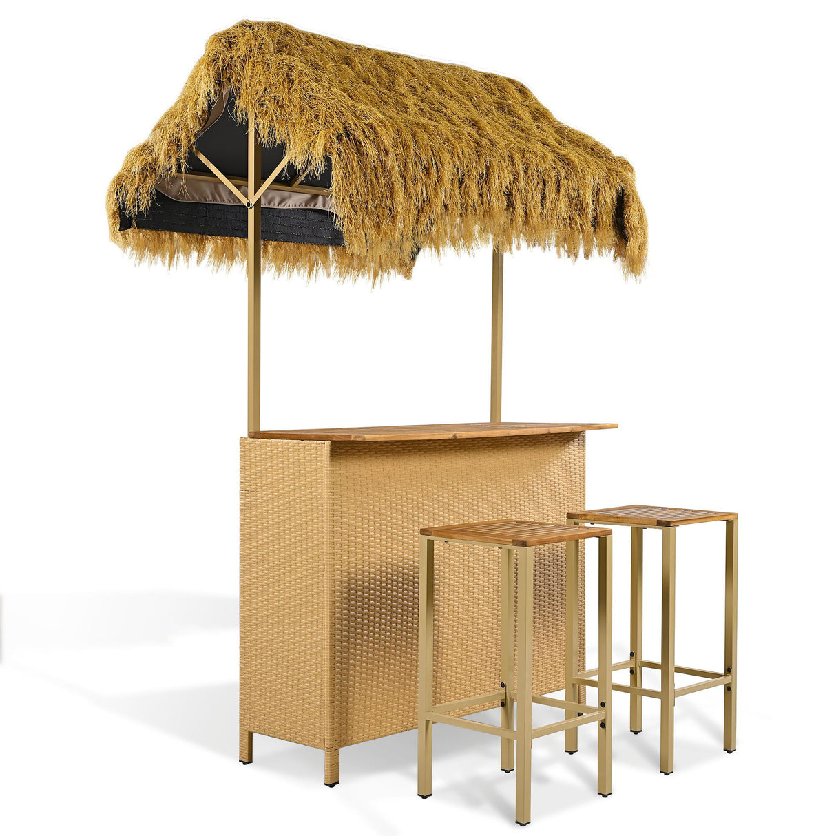 Hawaiian-Style Bar Height Patio Set with PE Grass Canopy