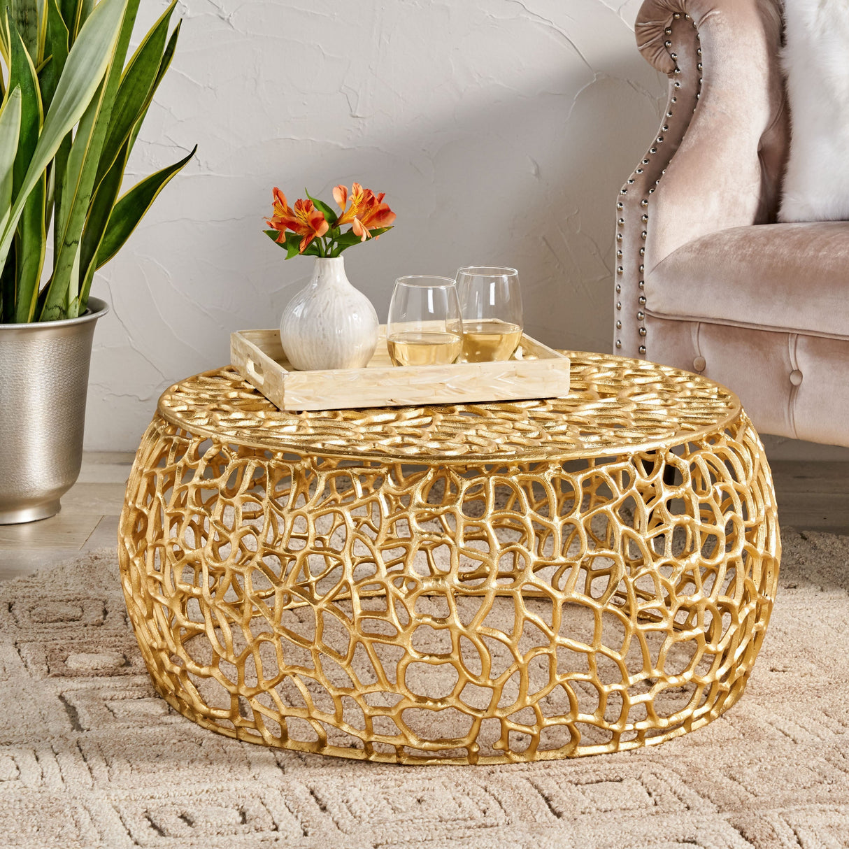 Modern Glam Mesh Coffee Table with Gold Accents and Aluminum Frame
