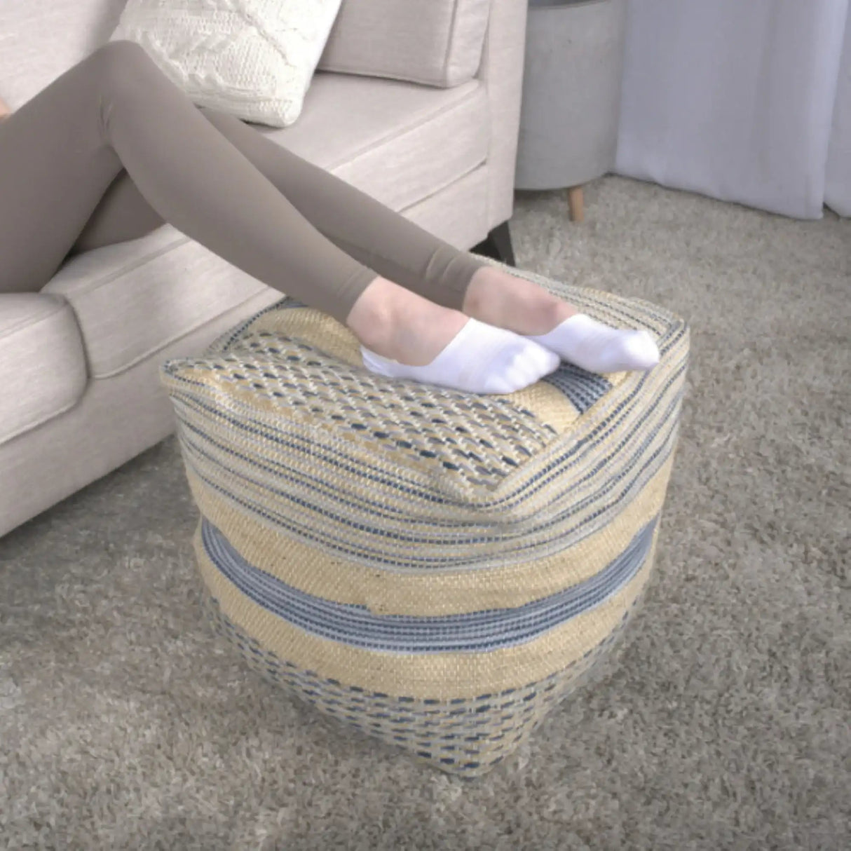 Western Handcrafted Fabric Pouf Durable Natural and Blue