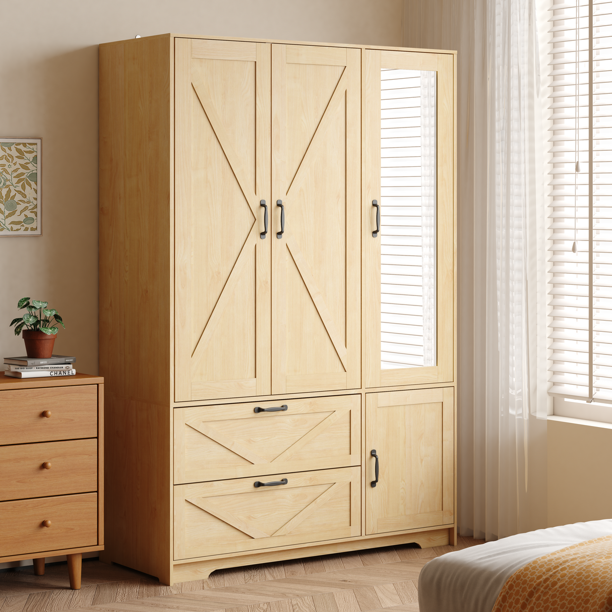 4 Doors Wardrobe Closet with Mirror, LED Lighting & Storage