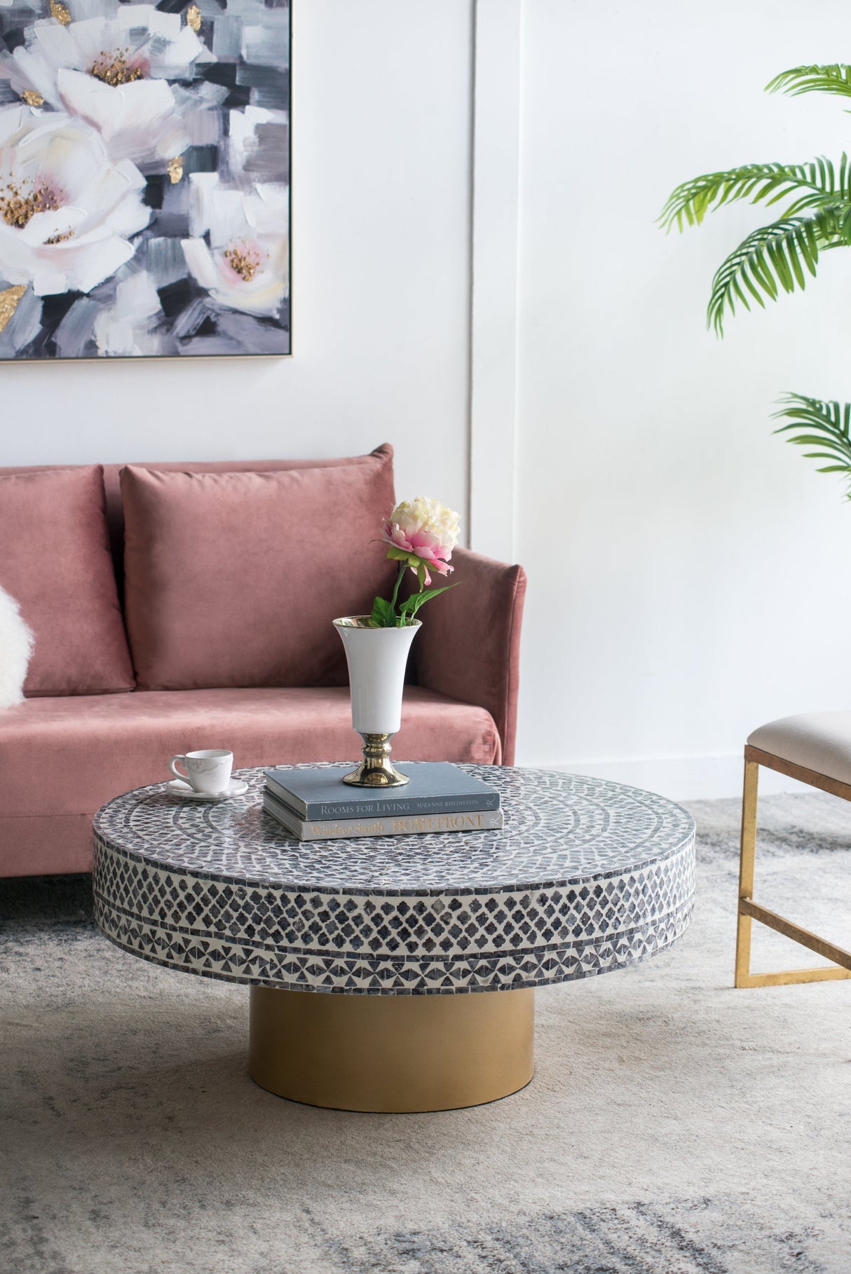35x35x16' Unique Gray Black Ivory Capiz Coffee Table with Gold Pedestal Base