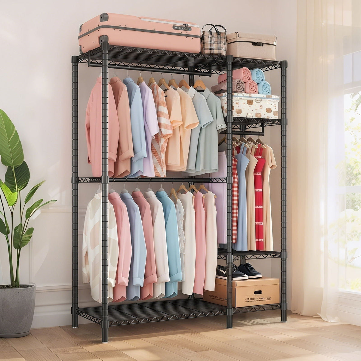 Freestanding Clothes Rack with Adjustable Shelves and 3 Garment Rails - Black