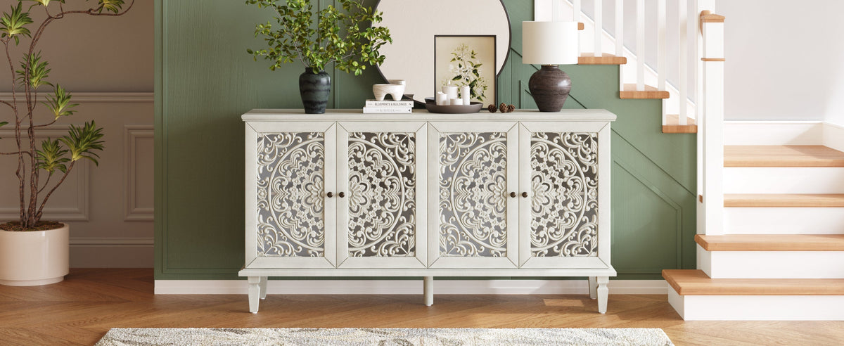 60" Antique Buffet Cabinet with Floral Carvings and Solid Wood Legs