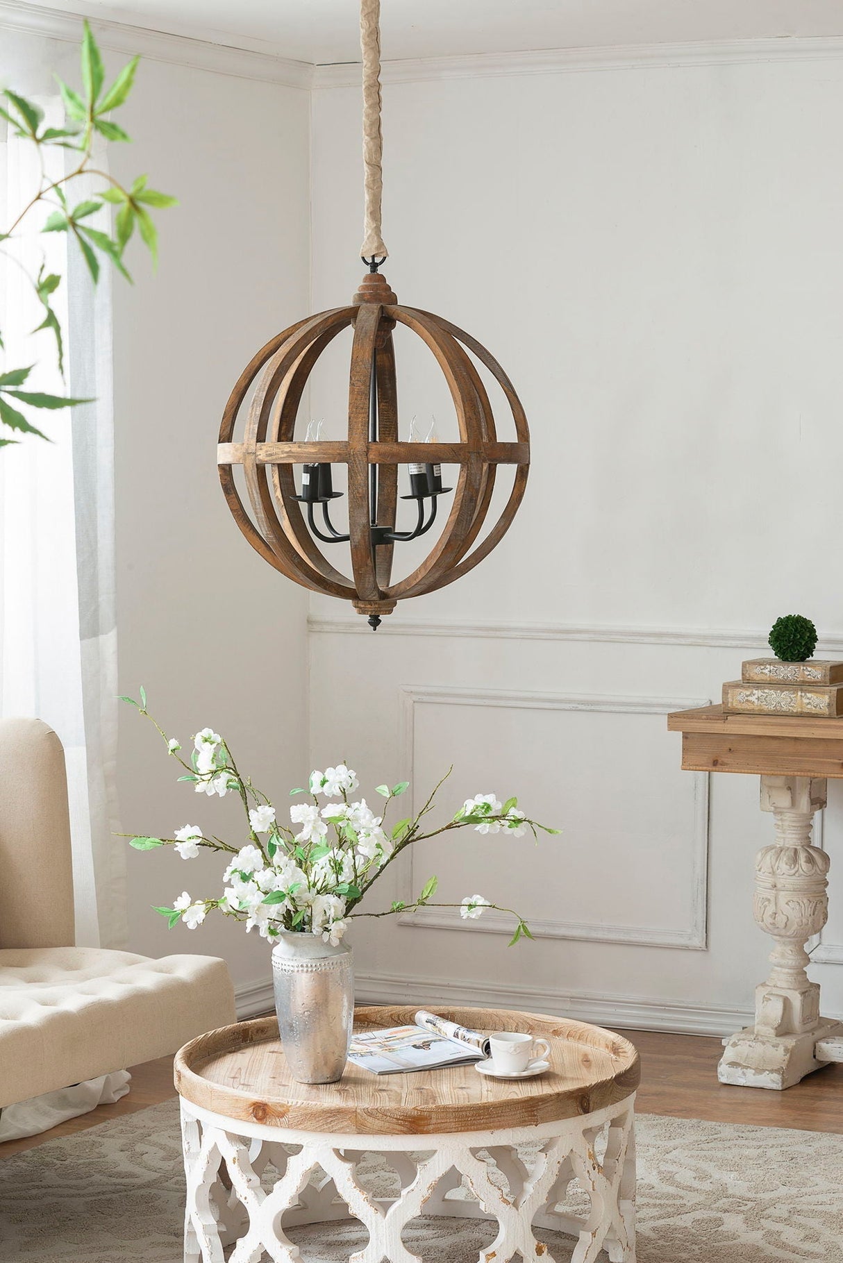 4 Light Wood Chandelier with Adjustable Chain