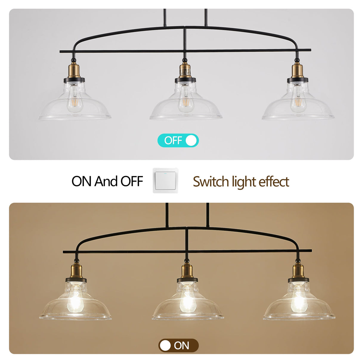 Industrial 3-Light Pendant Chandelier with Clear Glass Shades