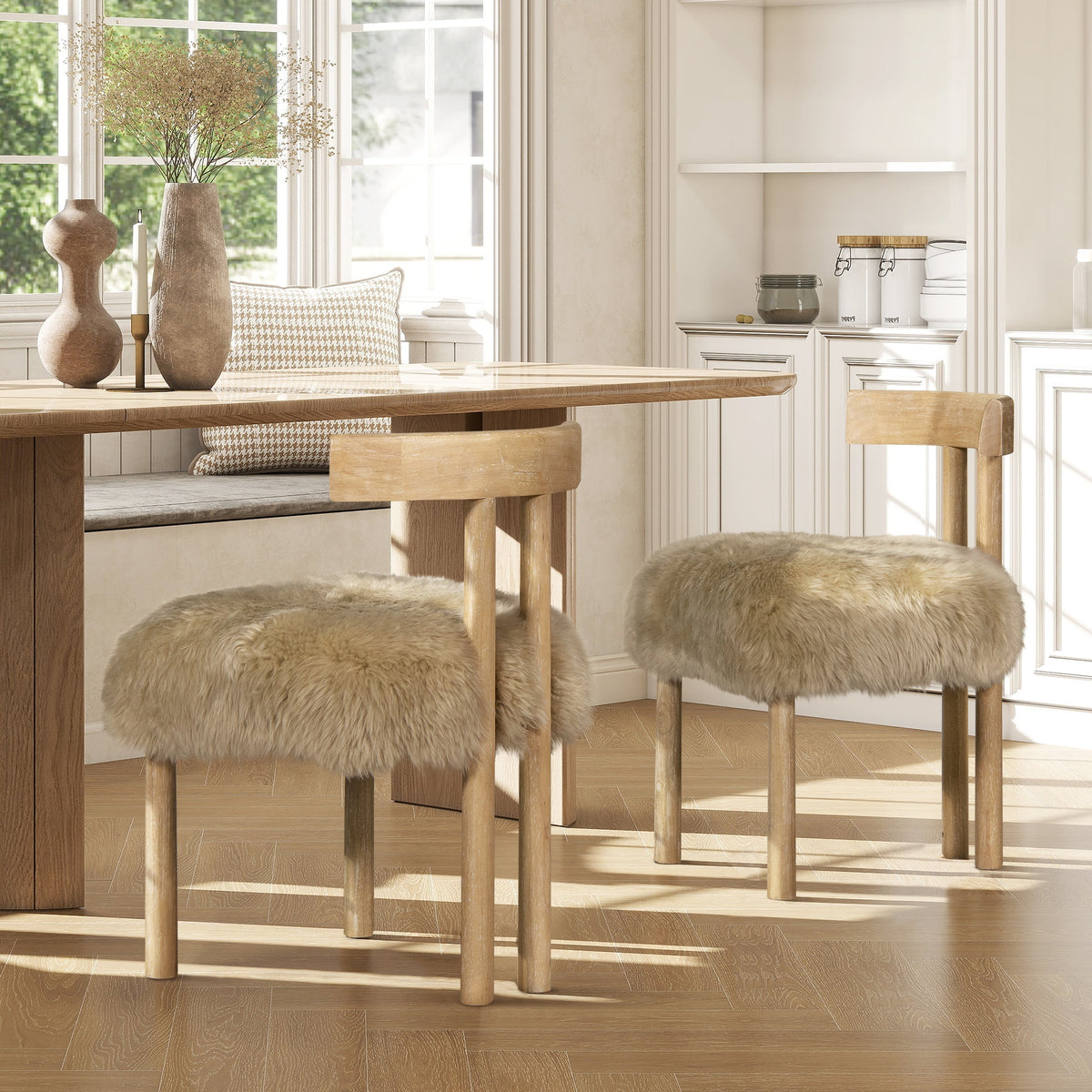 Arden 19.5" Genuine Sheepskin Fur Split Back Dining Chair with Solid Wood Base - White