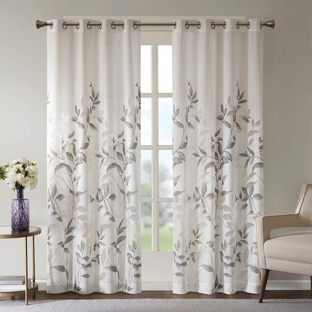 Burnout Printed Curtain Panel with Semi-Sheer Botanical Design - Grey