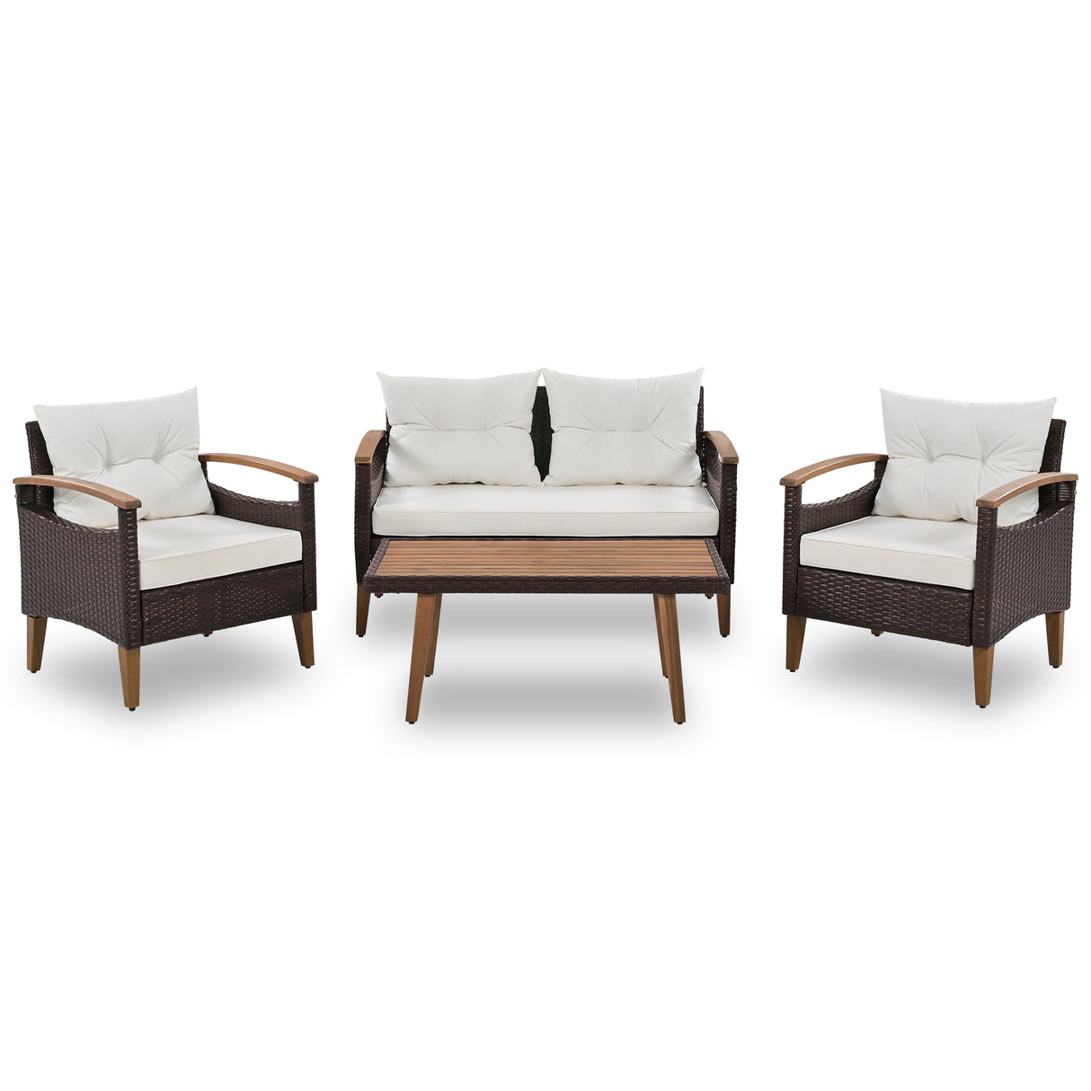 4 Piece PE Rattan Outdoor Sofa Set with Wood Table and Legs, Brown and Beige