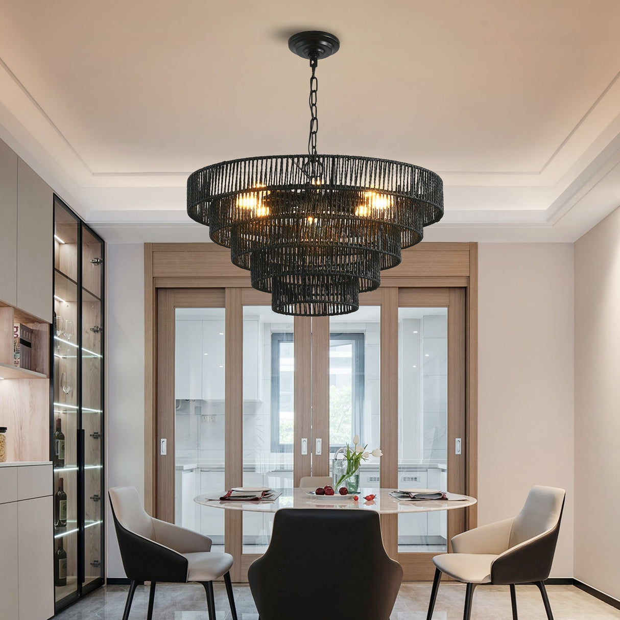 24' Rustic 5-Tier Black Hemp Rope Pendant Light Chandelier