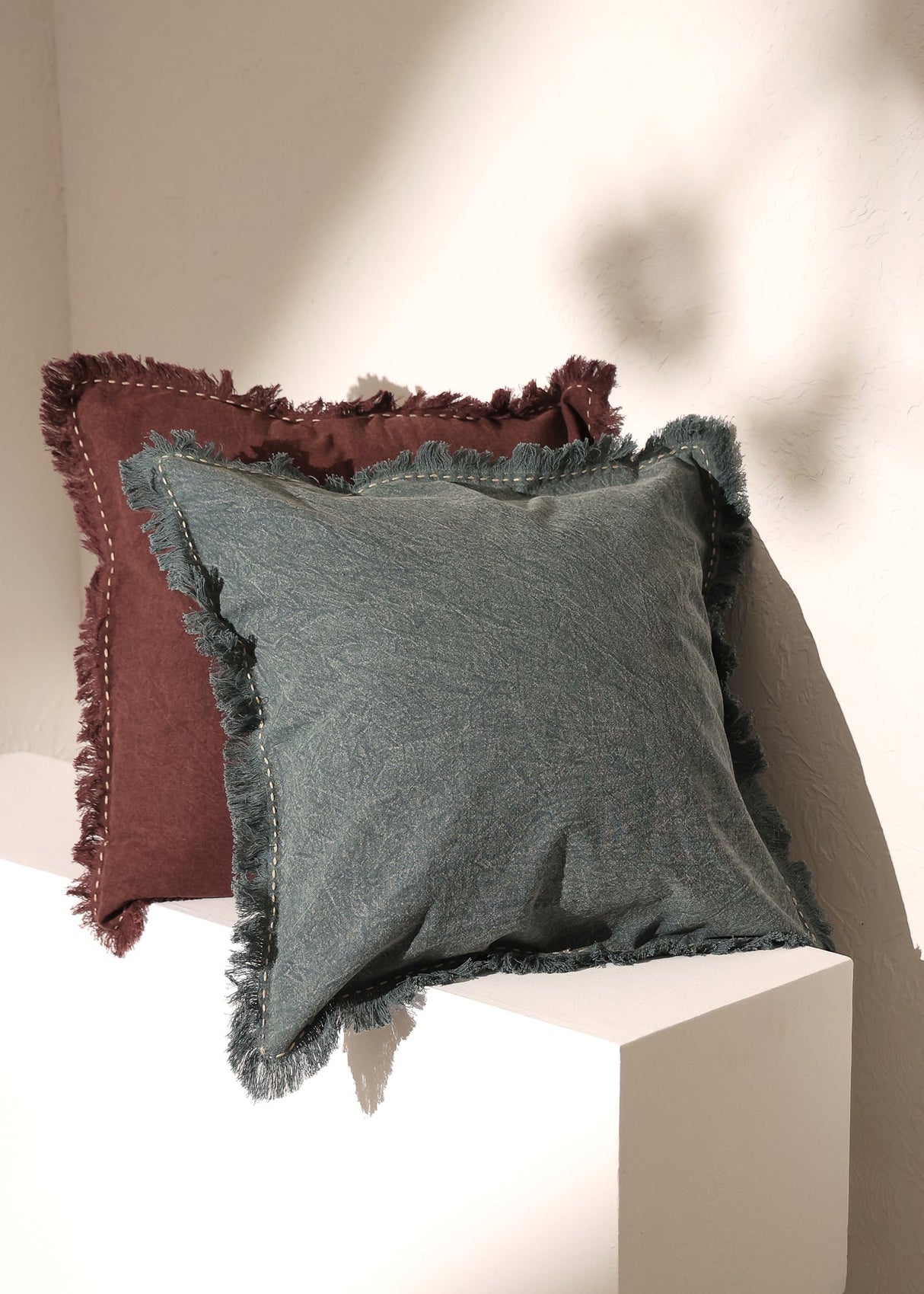 Stonewashed Linen Throw Pillow with Handworked Edges & Fringe - 22x22