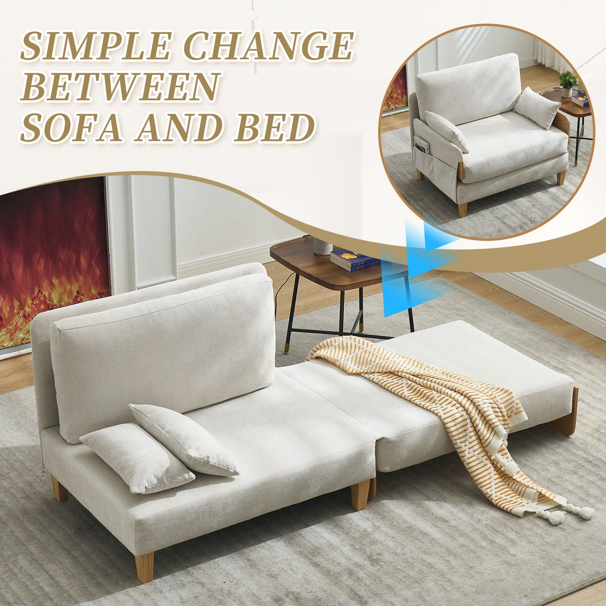 Mid Century Modern Foldable Sofa Bed, 3 In 1 Convertible Sleeper With 3 Pillows