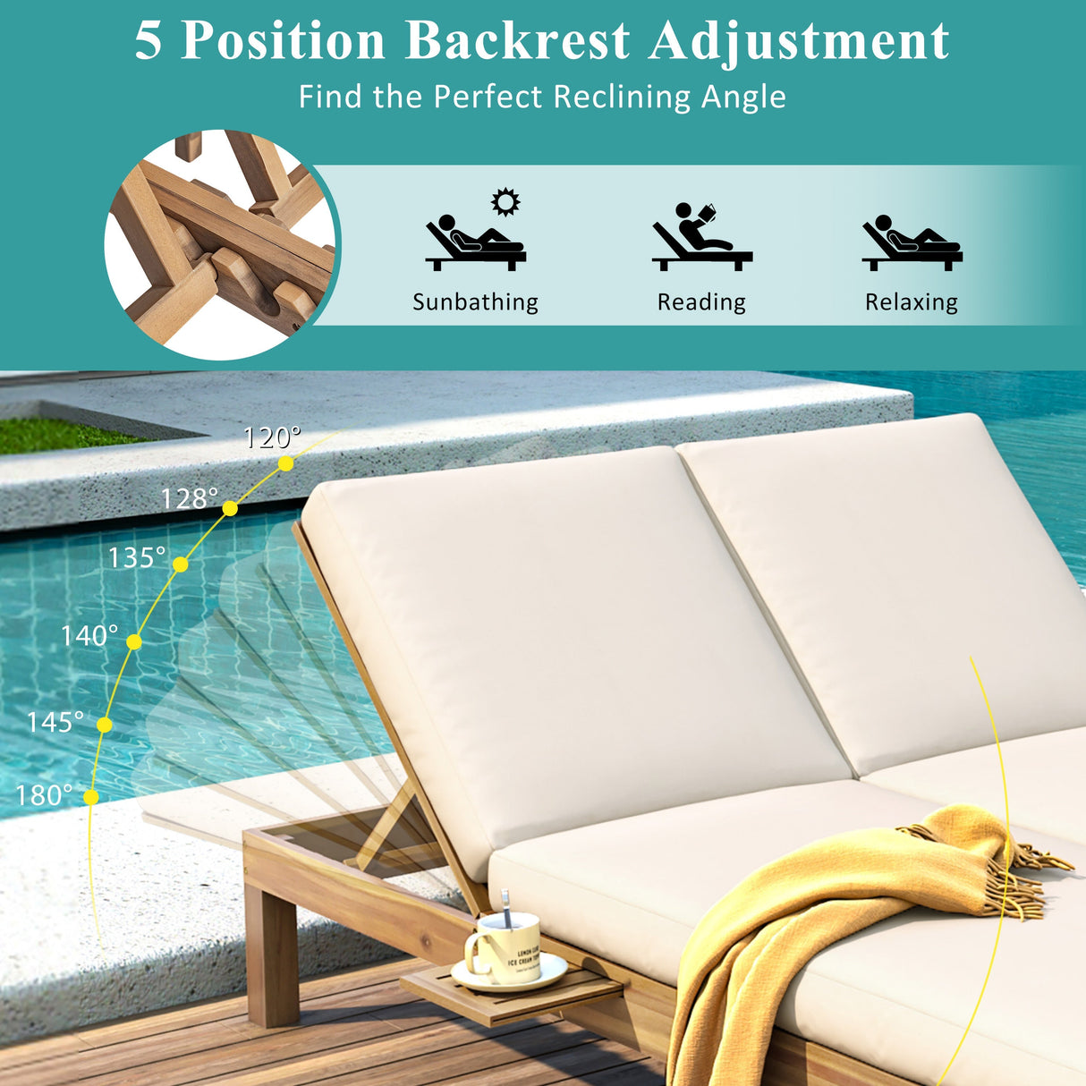 TREXM 5-Position Adjustable Backrest Double Chaise Lounge Outdoor