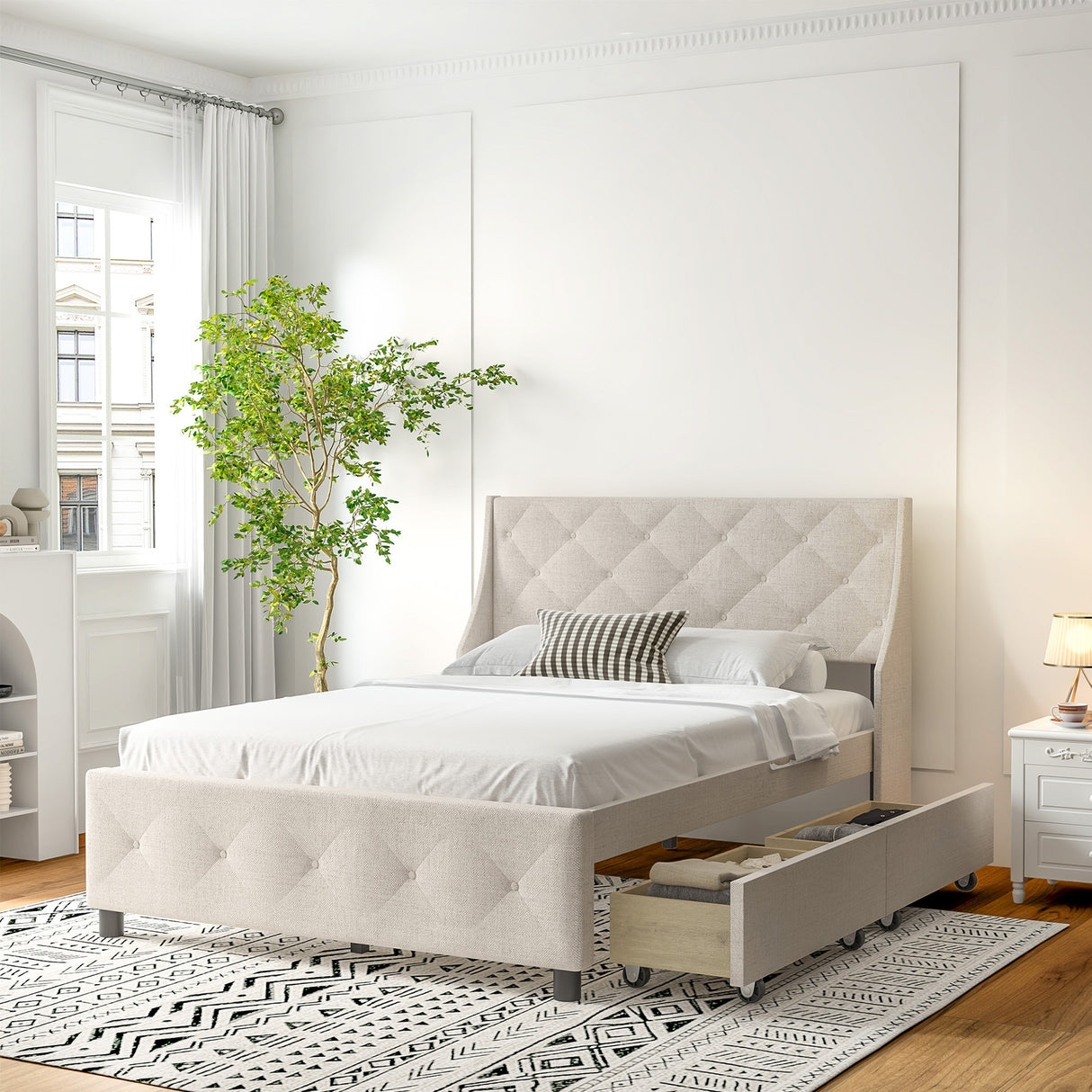 Queen-Size-Rubber-Wood-Bed-Frame-with-Storage-Headboard-&-Drawers-Beds-&-Bed-Frames