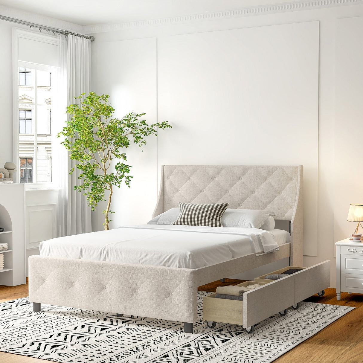 Queen Size Rubber Wood Bed Frame with Storage Headboard & Drawers