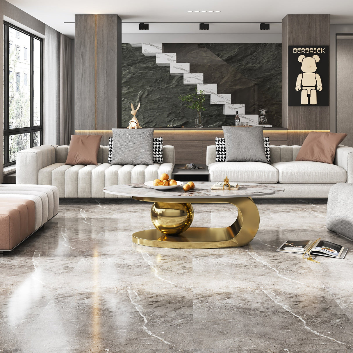 49.2 Inches Oval Faux Marble Coffee Table for Living Room with Stainless Steel Base