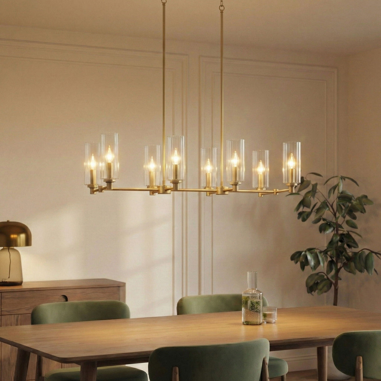 Willow - 8 Lights Island With Clear Ribbed Pendant Lamp Satin - Antique Brass / Clear / Gold