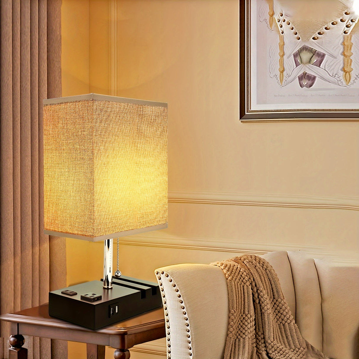 USB Table Lamp with AC Outlet – 3 Color Bedside Lamp with Fabric Shade & Bulb