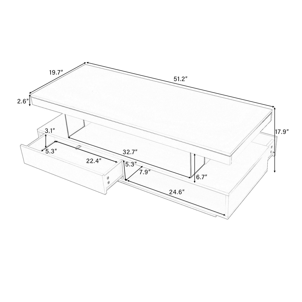 LED Coffee Table with 2 Drawers and Display Shelves - Black or White