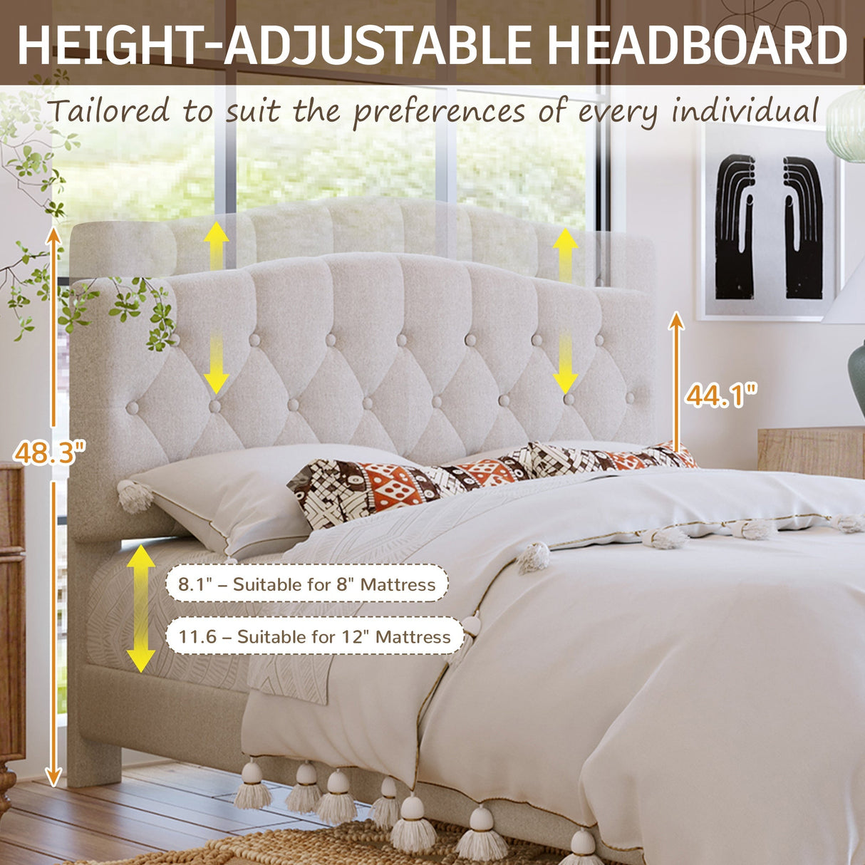 Upholstered Platform Bed with Saddle Curved Adjustable Headboard and Diamond Tufted Details