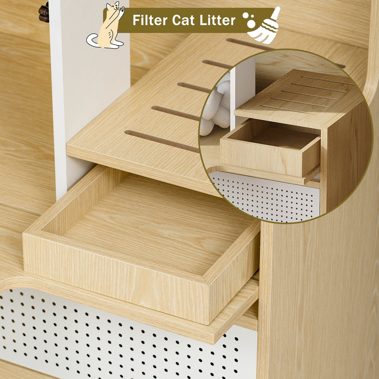 Furniture Style Multi-Use Natural Cat Litter Box House with Flip-Down Door