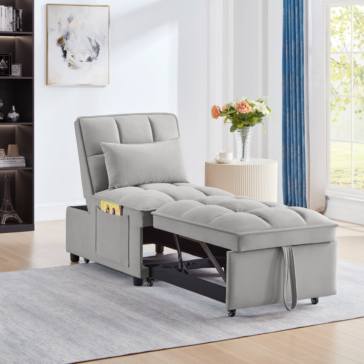 4 in 1 Multi-Function Single Sofa Bed with Storage Pockets Gray
